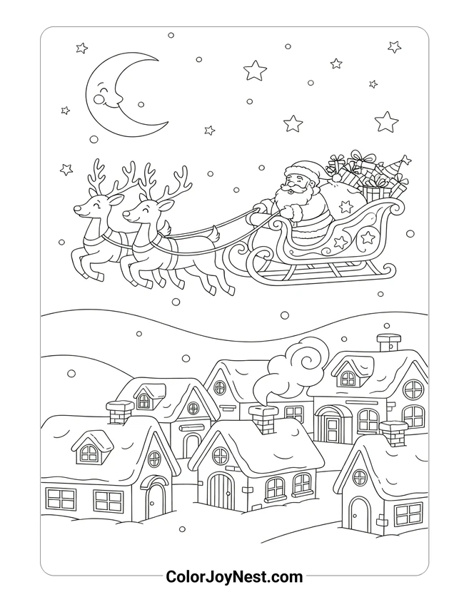 Santa Sleigh Flying Coloring Page