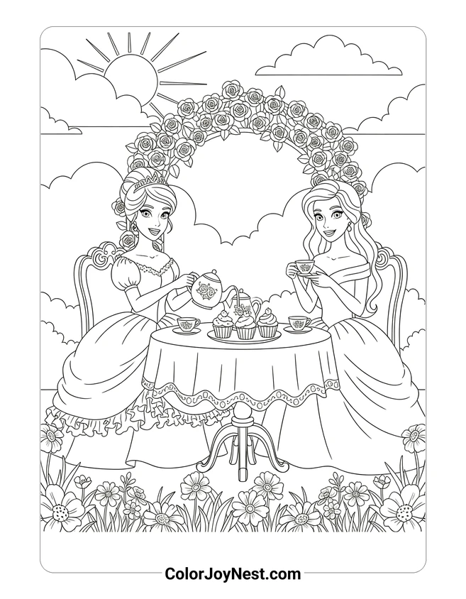 Belle and Cinderella Tea Party Coloring Page