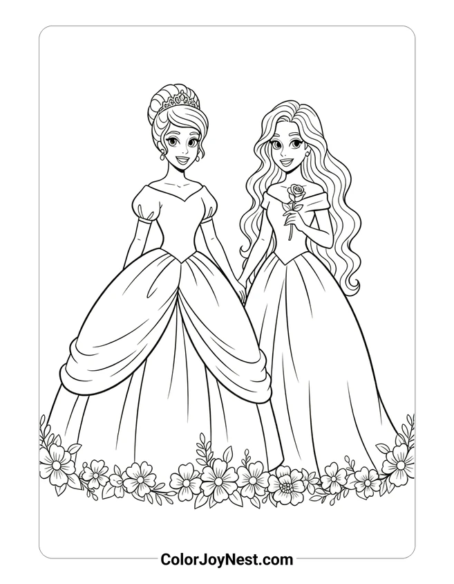 Belle and Cinderella Together Coloring Page