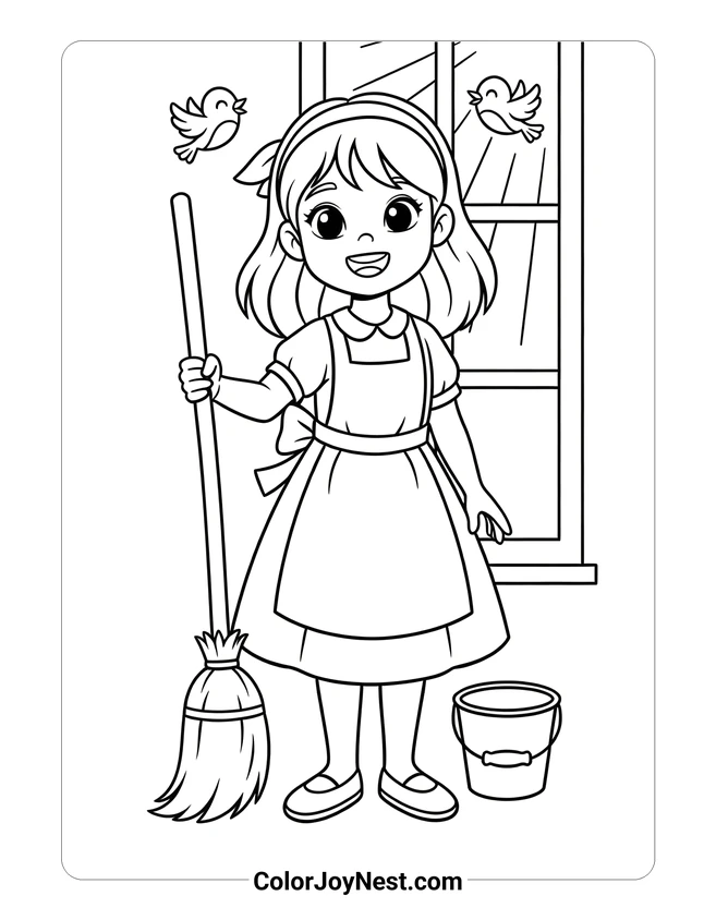 Cinderella Cleaning with Broom Coloring Page