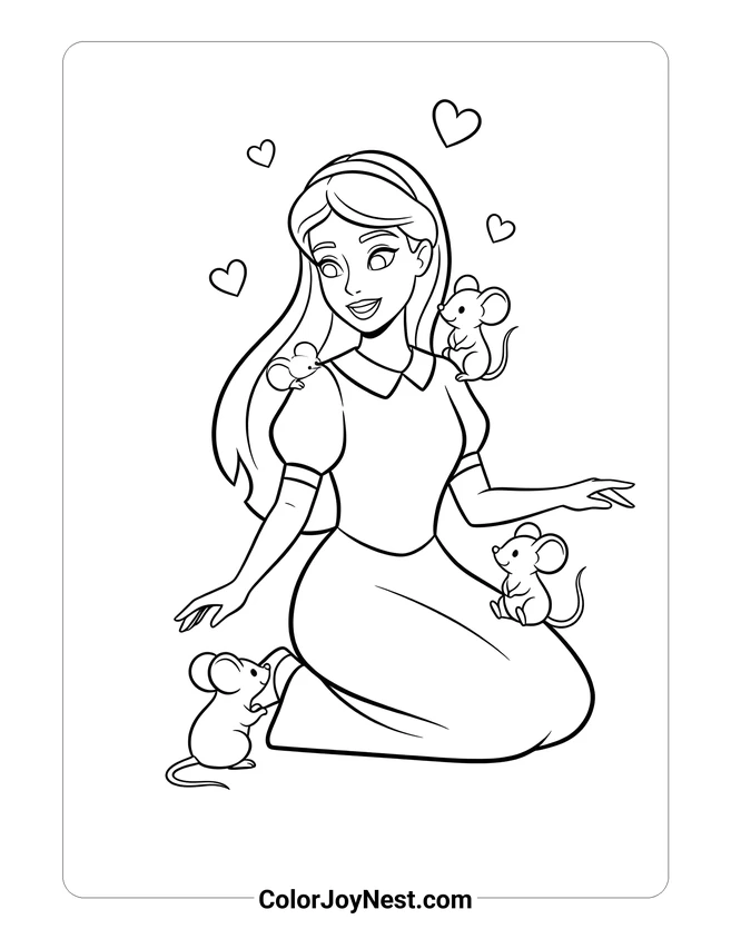 Cinderella with Mouse Friends Coloring Page