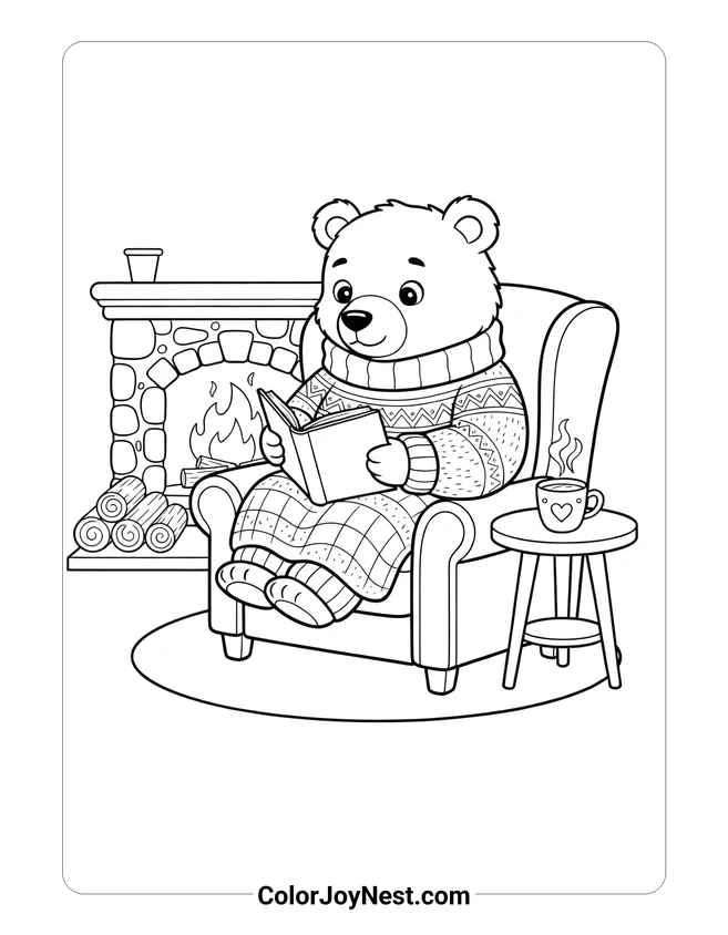 Cozy Bear Reading Book Coloring Page