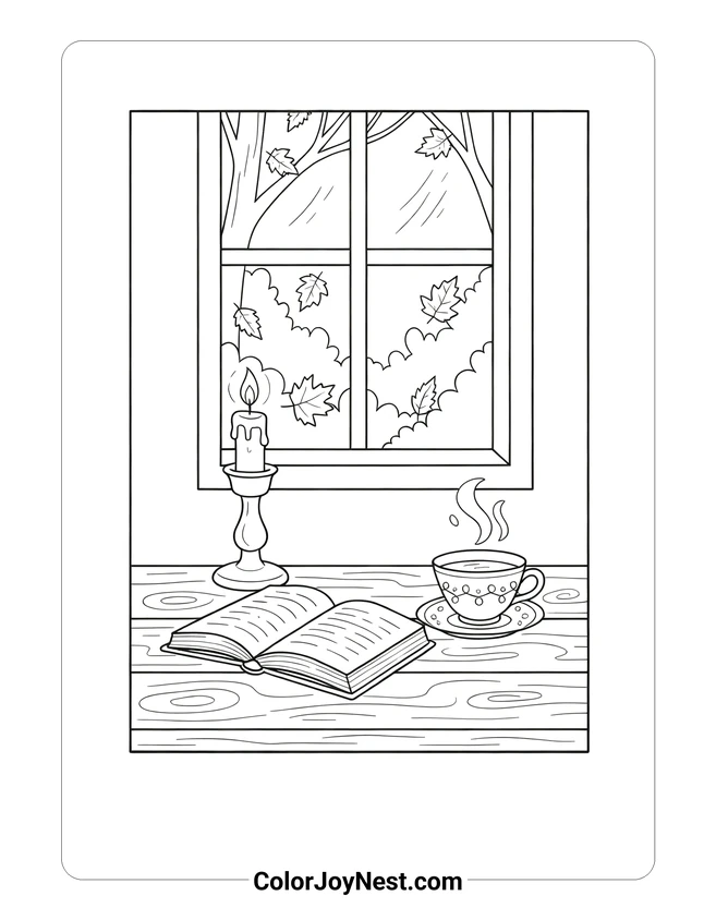 Cozy Book and Candle Coloring Page
