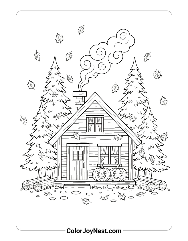 Cozy Cabin in Woods Coloring Page