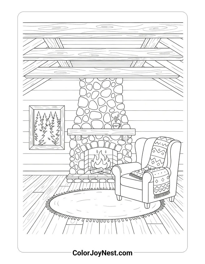 Cozy Cabin Interior Scene Coloring Page