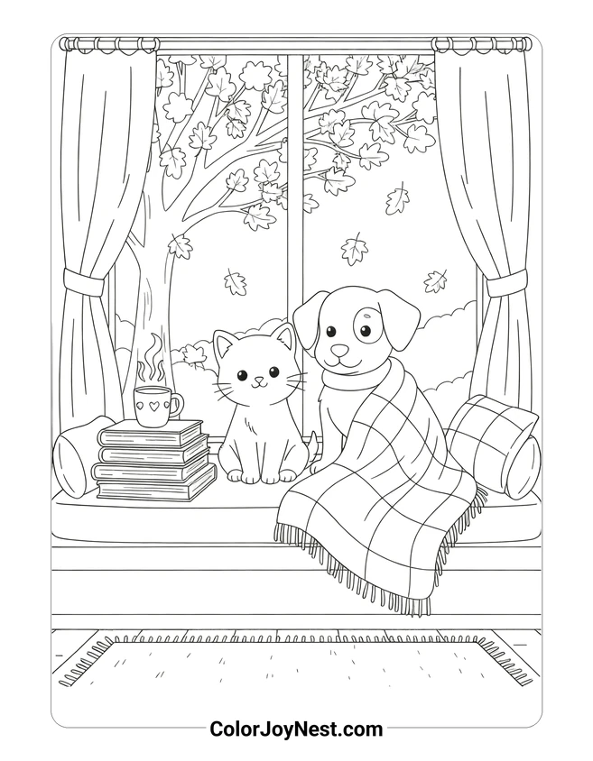 Cozy Cat and Dog by Window Coloring Page