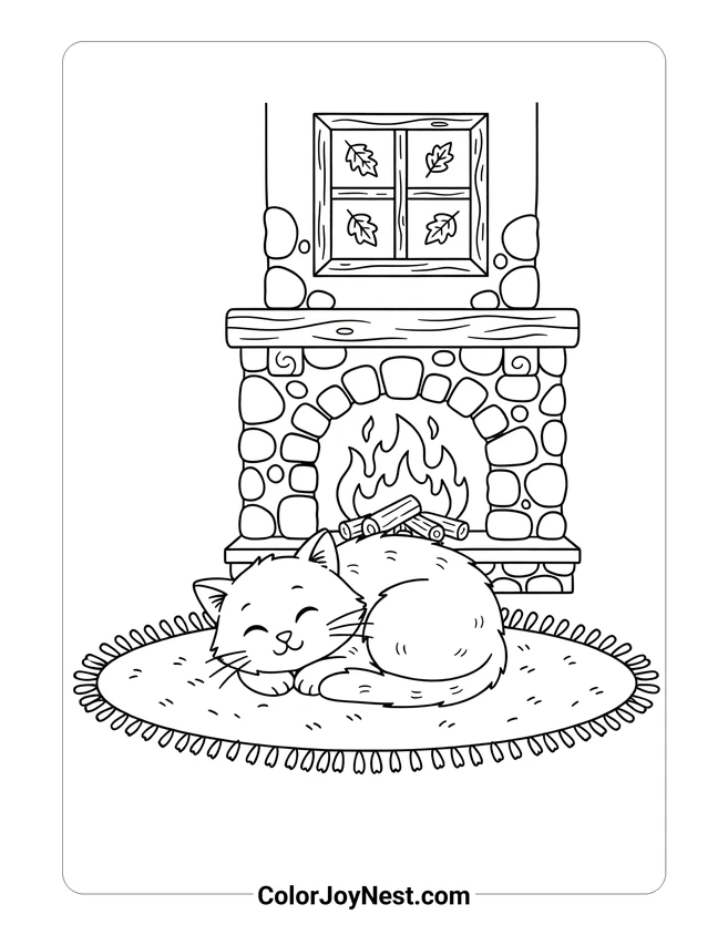 Cozy Cat by Fireplace Coloring Page