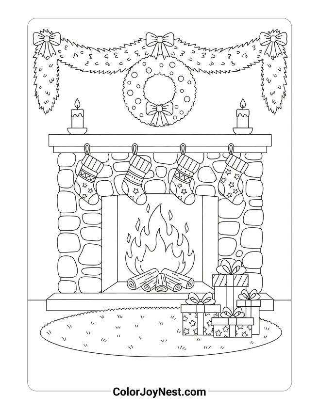 Cozy Christmas Fireplace Coloring Page