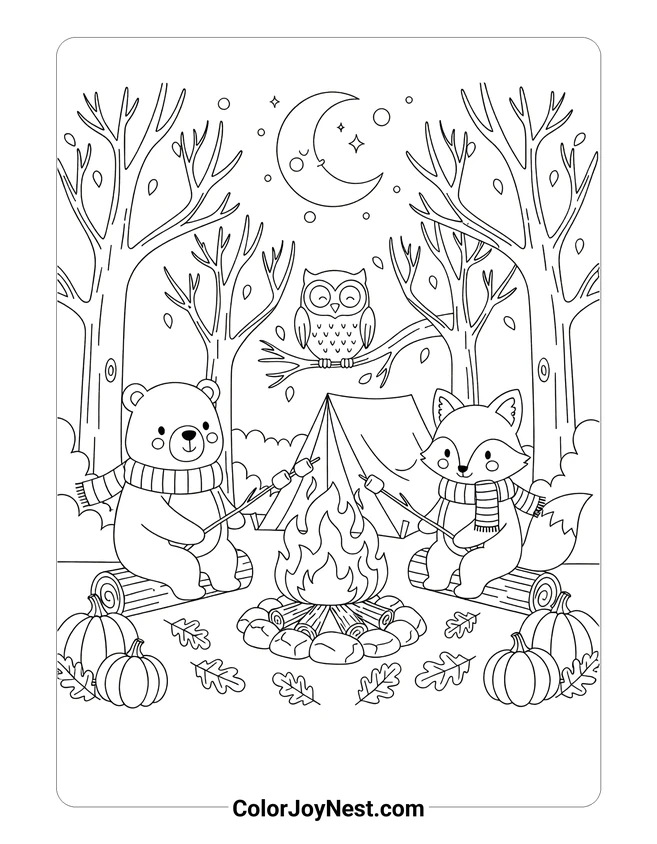 Cozy Fall Campfire Scene Coloring Page