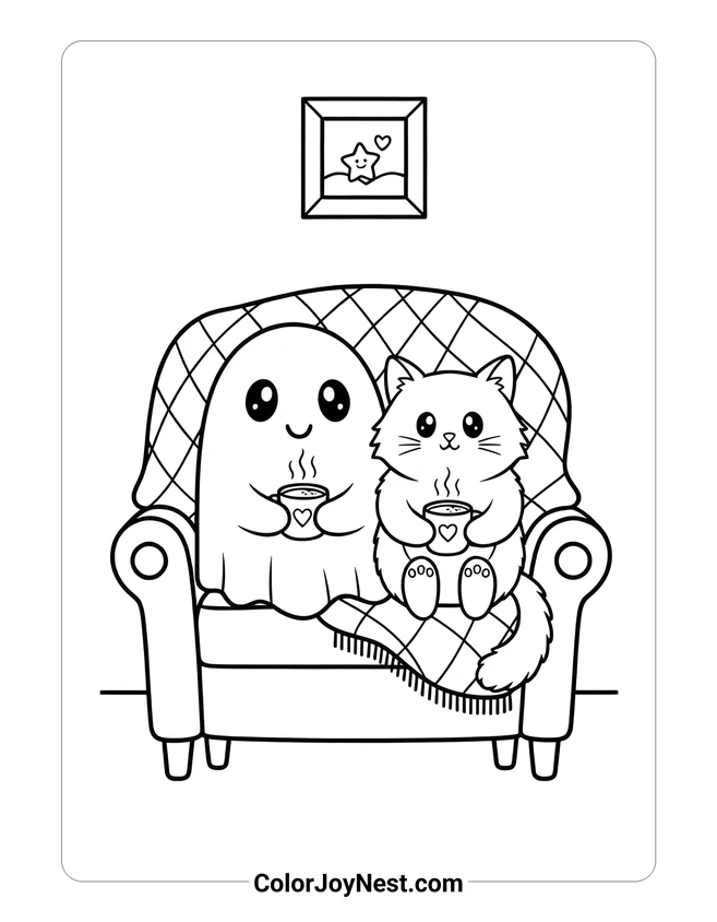 Cozy Ghost and Cat Coloring Page