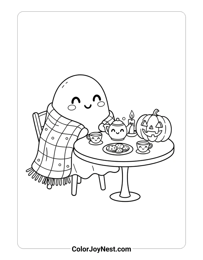 Cozy Ghost Tea Party Coloring Page