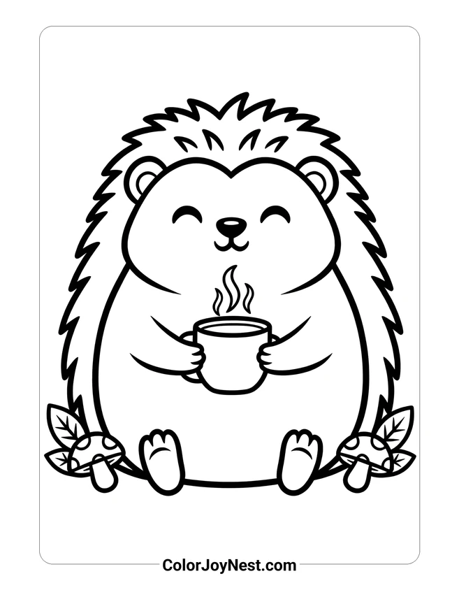 Cozy Hedgehog with Mug Coloring Page