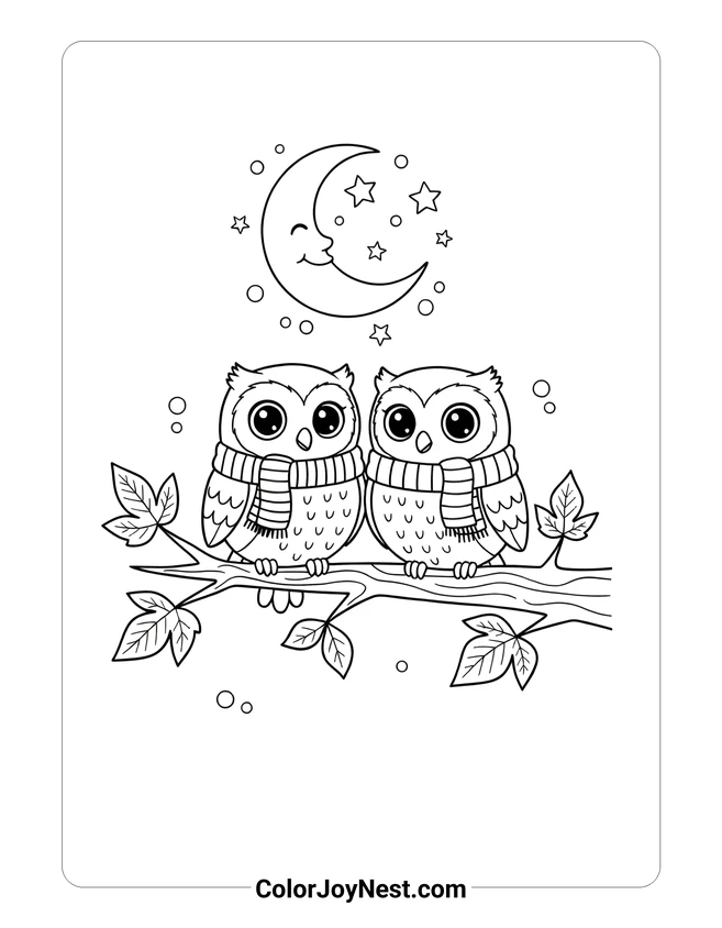 Cozy Owl Friends on Branch Coloring Page