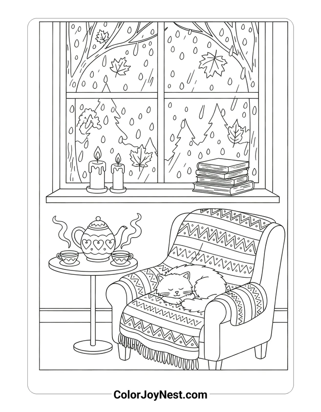 Cozy Rainy Day Window Coloring Page