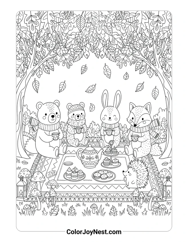 Cozy Woodland Tea Party Coloring Page