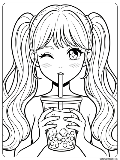 Anime Girl Drinking Bubble Tea Coloring Page