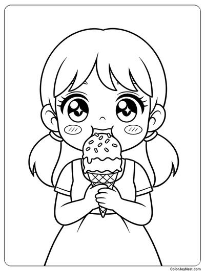 Anime Girl Eating Ice Cream Coloring Page