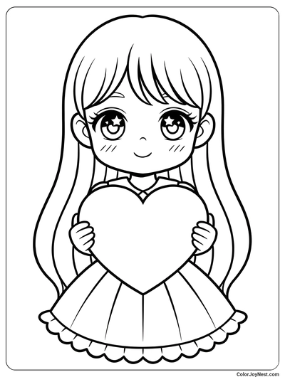 Anime Girl Holding Heart Coloring Page