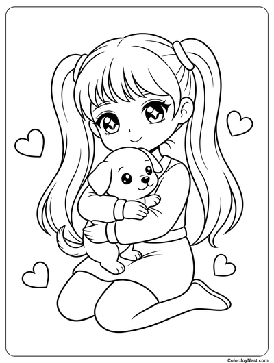 Anime Girl Hugging Puppy Coloring Page