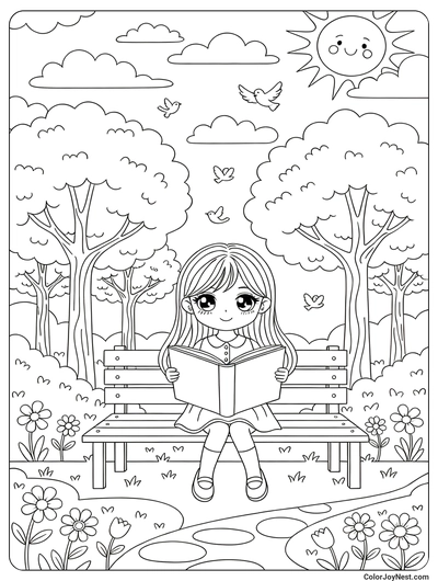 Anime Girl in Park Scene Coloring Page