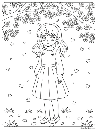 Anime Girl Under Cherry Blossoms Coloring Page
