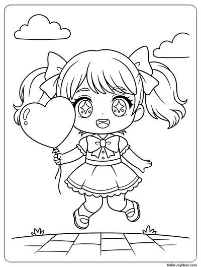 Anime Girl with Balloon Coloring Page