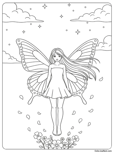 Fantasy Anime Girl with Butterfly Wings Coloring Page