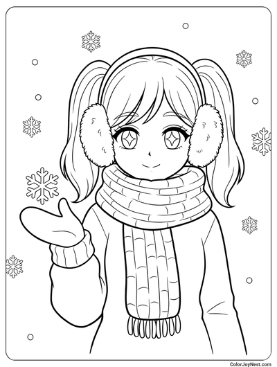 Winter Anime Girl with Cozy Scarf Coloring Page