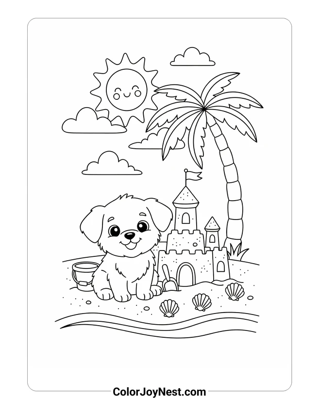 Cute Puppy at Beach Coloring Page
