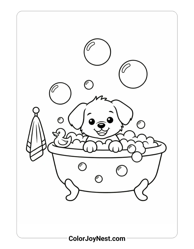 Cute Puppy Bath Time Coloring Page