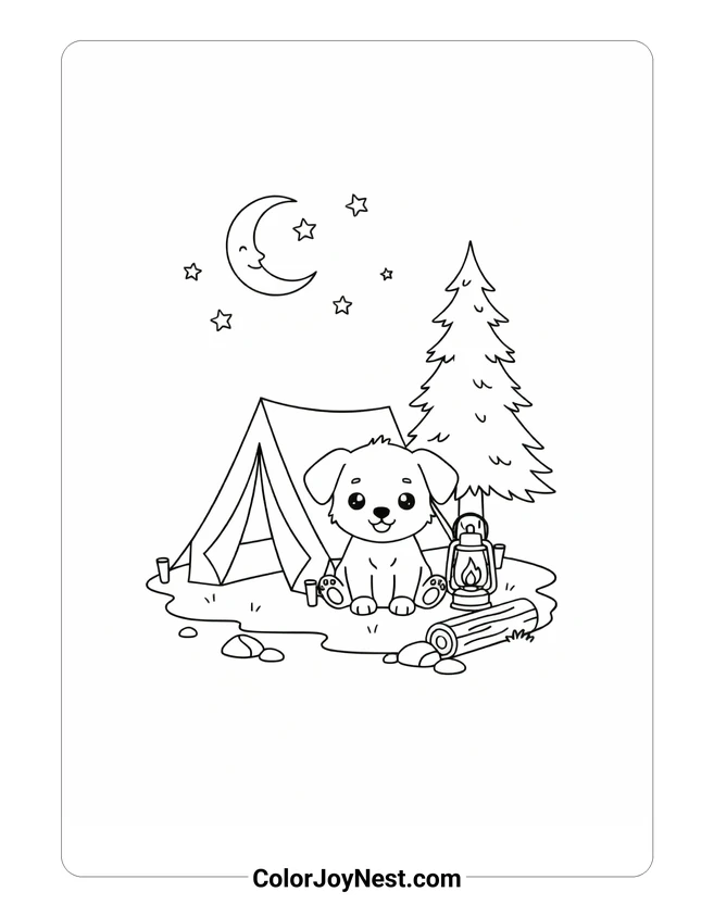 Cute Puppy Camping Night Coloring Page