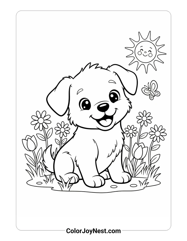 Puppy in Flower Garden Coloring Page