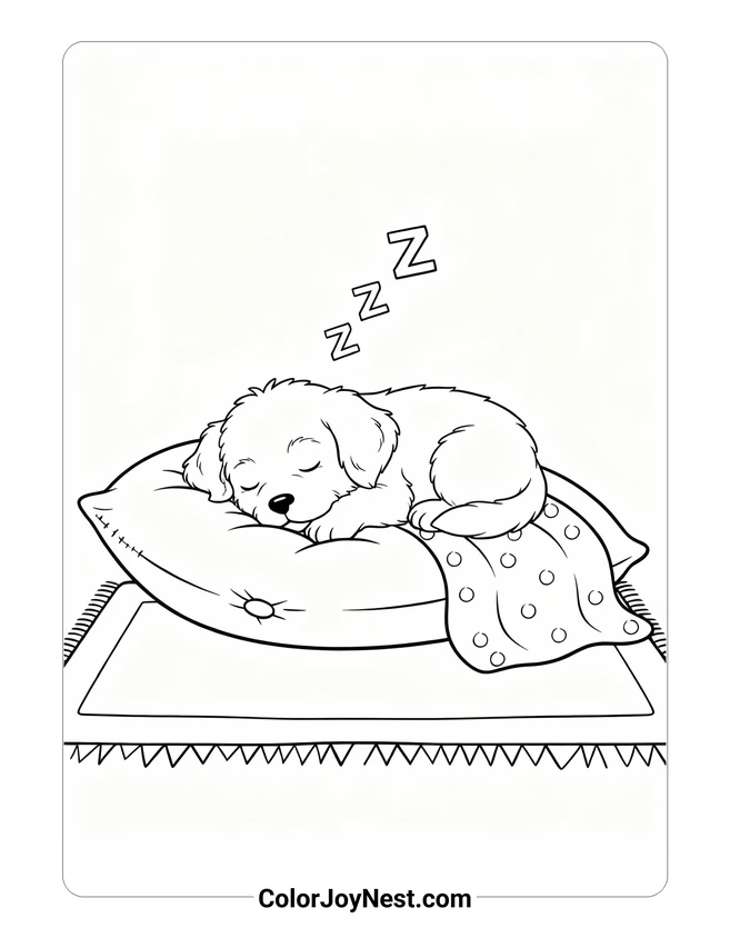 Sleeping Puppy on Pillow Coloring Page