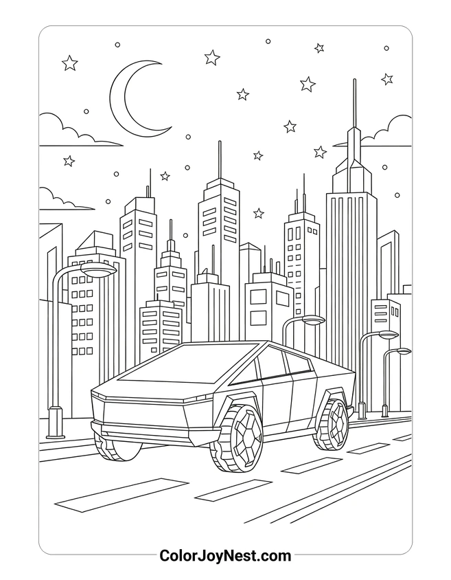 Cybertruck City Night Coloring Page