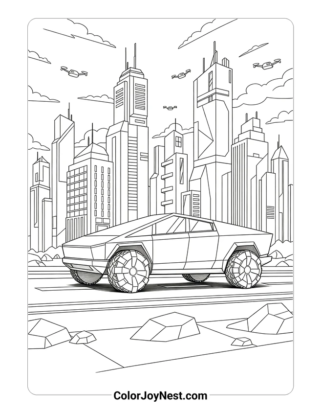 Cybertruck Futuristic Skyline Coloring Page
