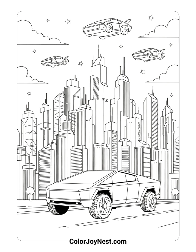 Future City Cybertruck Scene Coloring Page