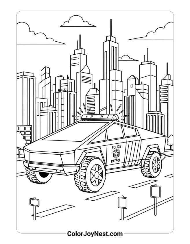 Police Cybertruck Patrol Scene Coloring Page