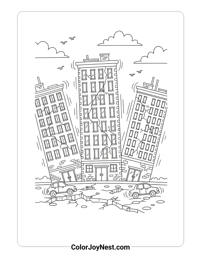 City Earthquake Scene Coloring Page