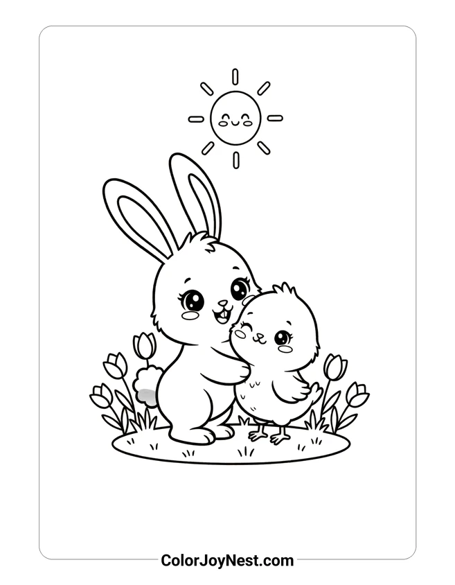 Easter Bunny and Chick Friends Coloring Page