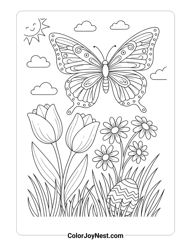 Easter Butterfly with Flowers Coloring Page