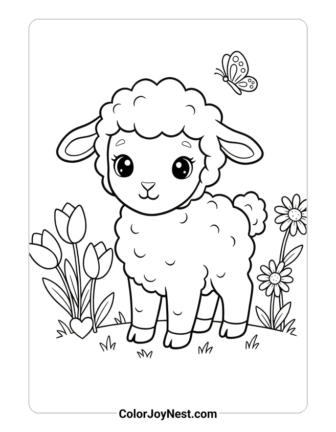 Easter Lamb with Flowers Coloring Page