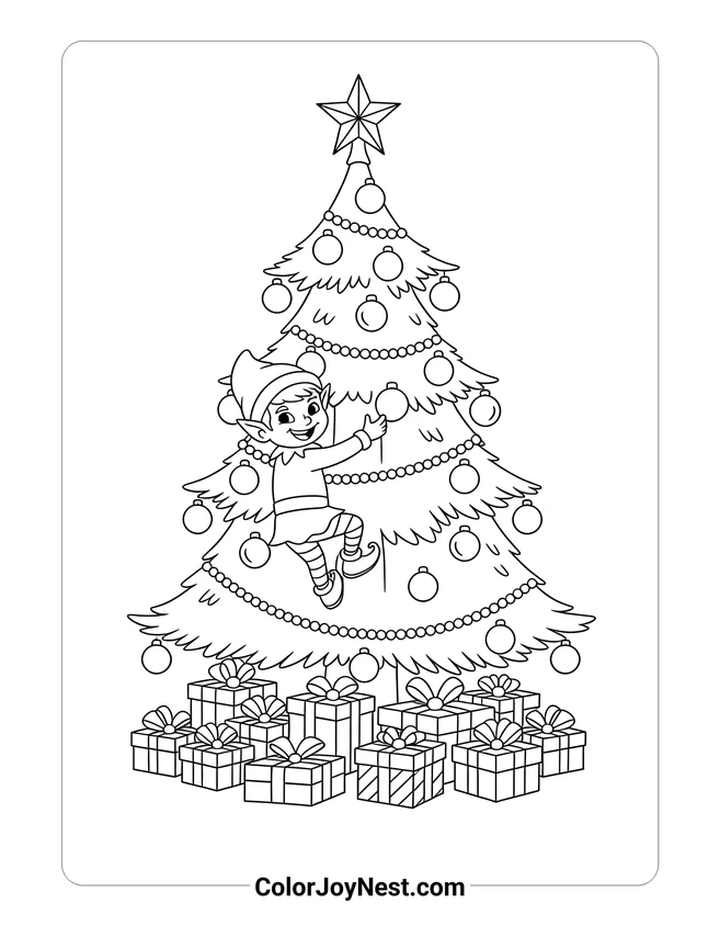 Boy Elf Climbing Christmas Tree Coloring Page