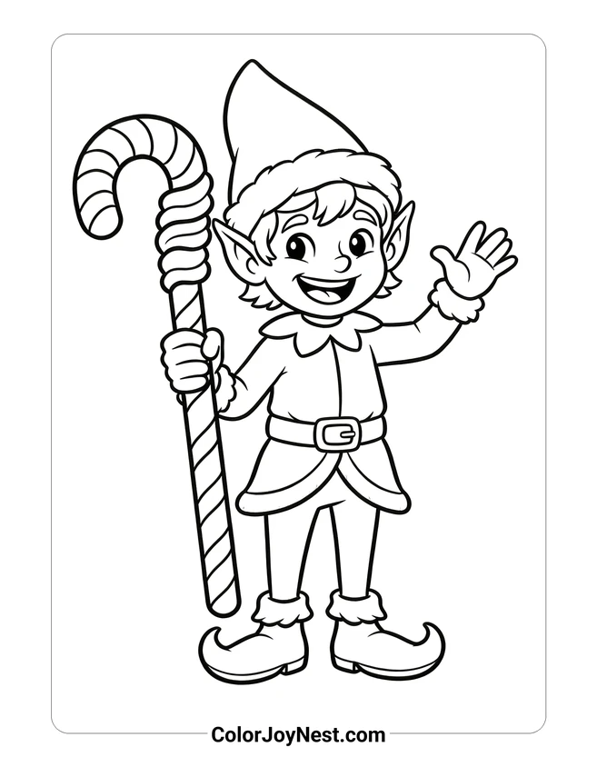 Boy Elf Holding Candy Cane Coloring Page