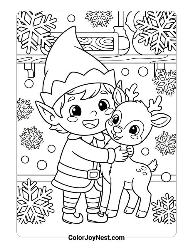 Boy Elf with Reindeer Friend Coloring Page