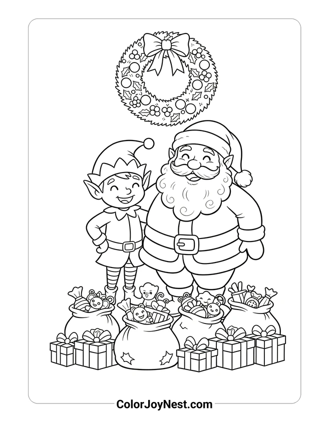 Elf and Santa Claus Together Coloring Page