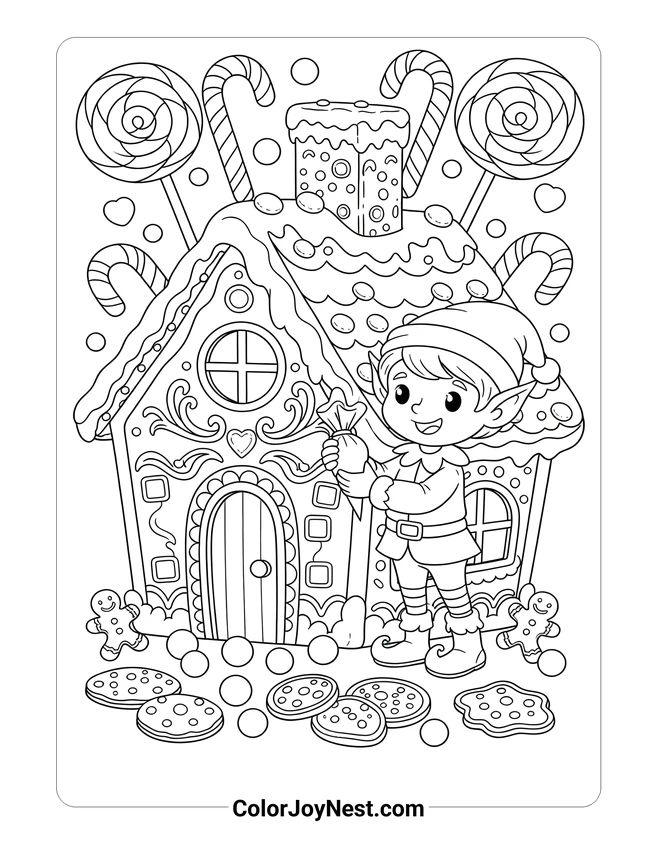 Elf Decorating Gingerbread House Coloring Page