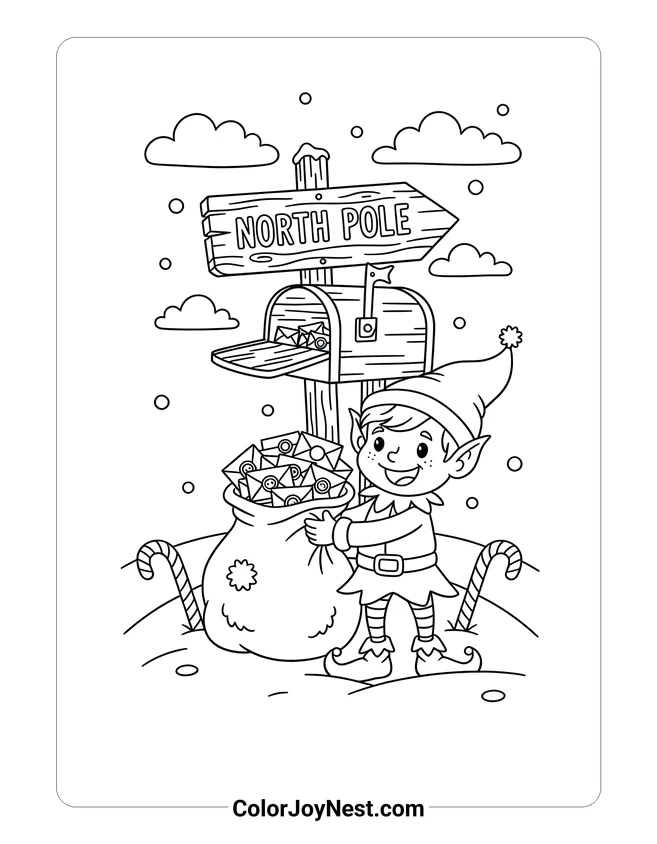 Elf Delivering Letters to North Pole Coloring Page