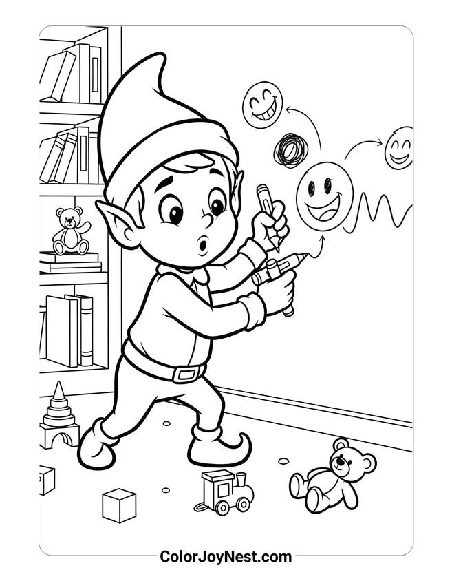 Elf Drawing on Wall Mischief Coloring Page