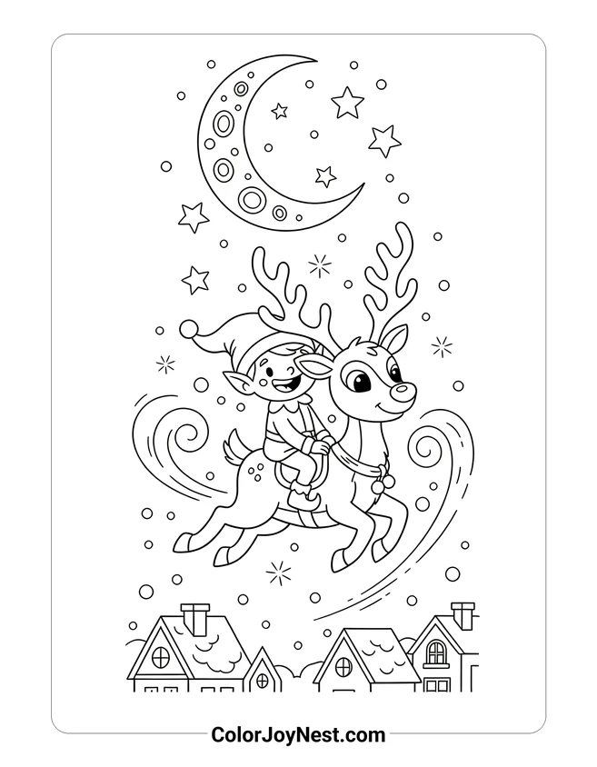Elf Flying with Reindeer Coloring Page