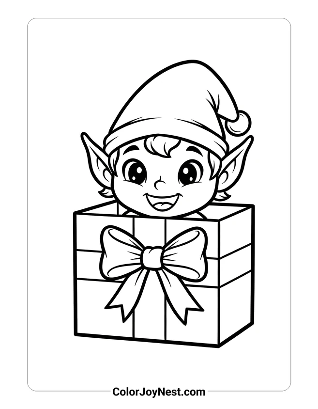 Elf Hiding in Gift Box Coloring Page